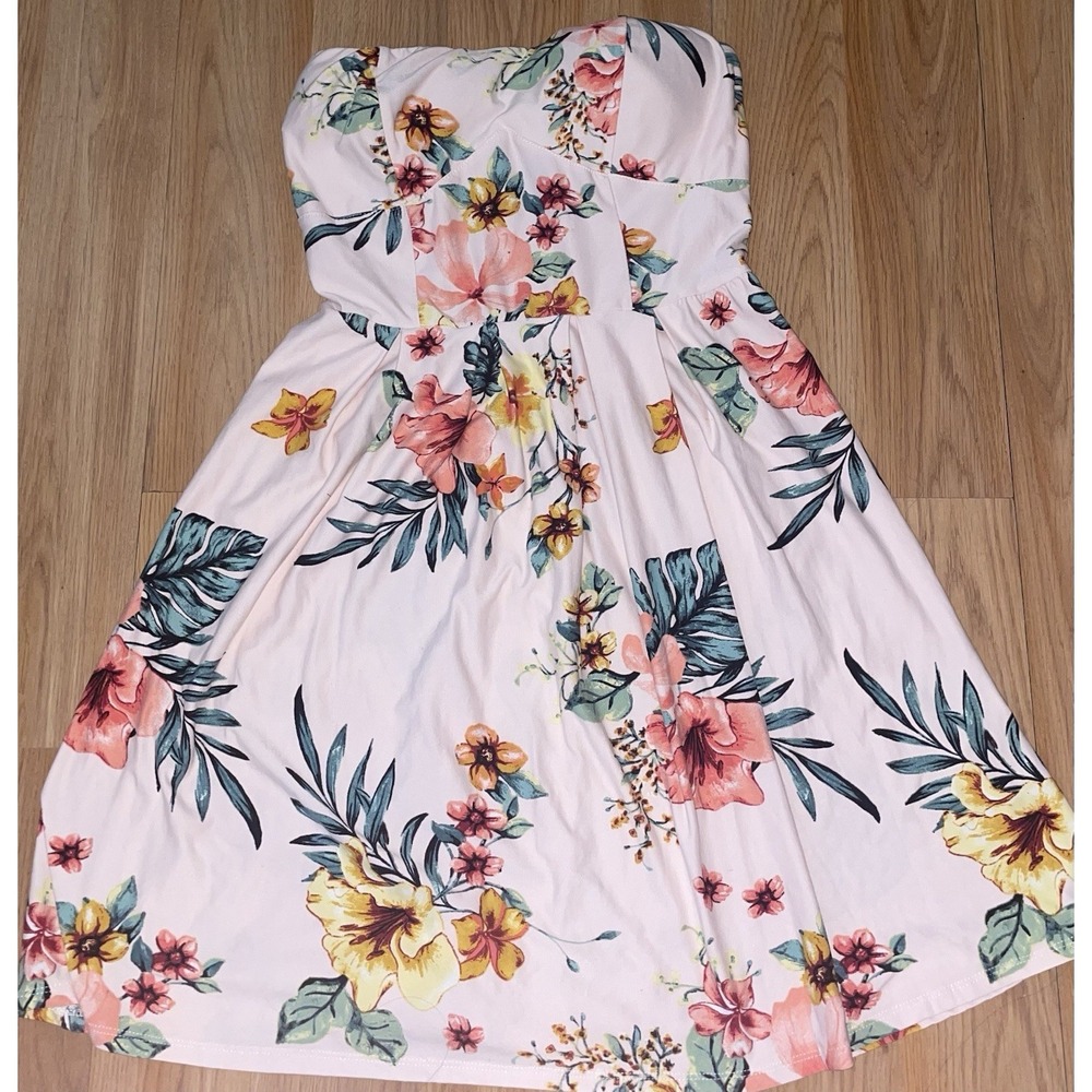 Derek Heart Womens Strapless Tropical Floral Pink & Green Size Large Mini Dress